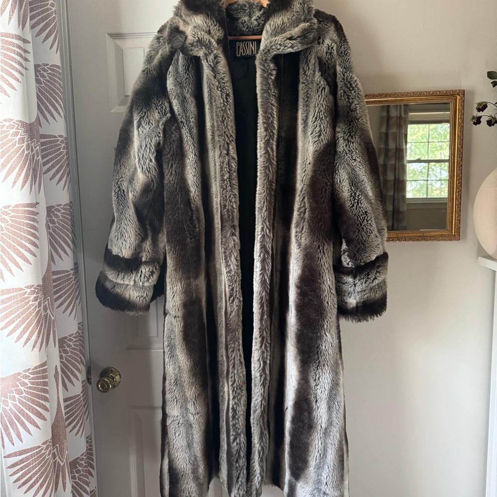 Cassini Full-Length Faux Fur Coat in Gray and Brown